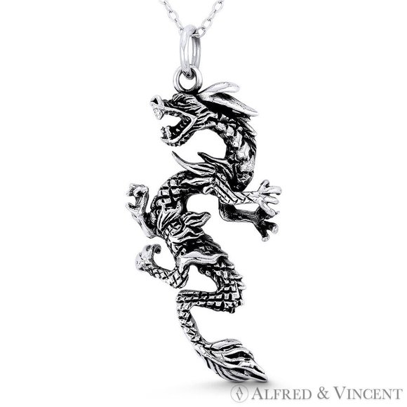 Chinese Dragon Shenlong Feng Shui Pendant in Oxidized .925 Sterling Silver - Picture 1 of 1